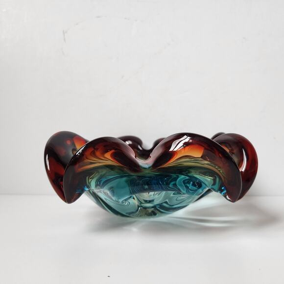 Vintage Murano Style Ashtray MCM Blown Glass Bowl Blue Red Dish Retro - Picture 5 of 8